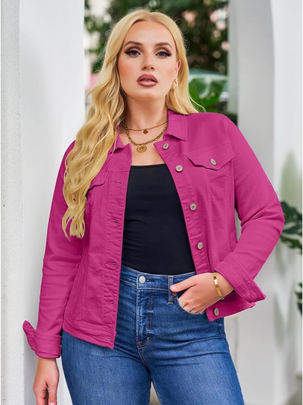 Women's Button Down Long Sleeve Stretchy Jean Trucker Denim Jacket in Hot Pink